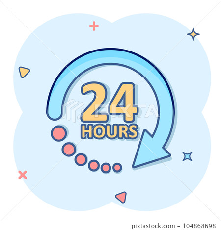 24 hours service icon in comic style. All day business and service cartoon vector illustration on isolated background. Quick service time splash effect sign business concept. 24 hours service icon in comic style. All day business and service cartoon vector illustration on isolated background. Quick service time splash effect sign business concept. 104868698