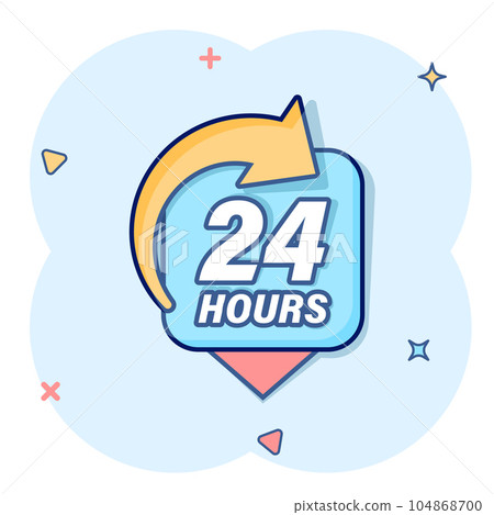 24 hours service icon in comic style. All day business and service cartoon vector illustration on isolated background. Quick service time splash effect sign business concept. 24 hours service icon in comic style. All day business and service cartoon vector illustration on isolated background. Quick service time splash effect sign business concept. 104868700