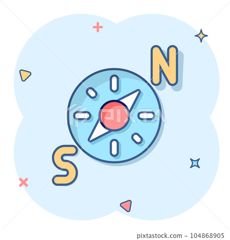 Compass icon in comic style. Navigation equipment cartoon vector illustration on white isolated background. Journey direction splash effect business concept. 104868905
