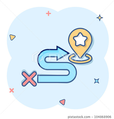 Map pin icon in comic style. gps navigation cartoon vector illustration on white isolated background. Locate position splash effect business concept. 104868906