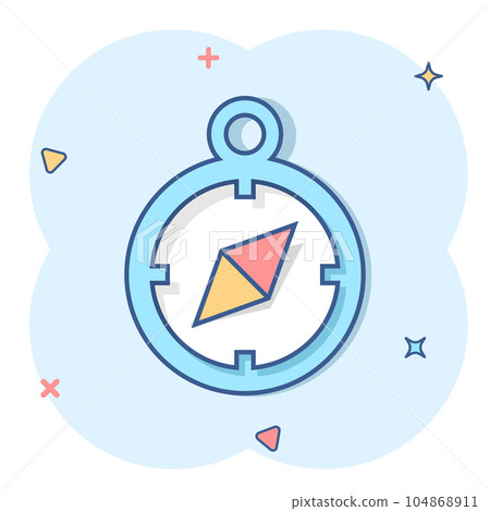 Compass icon in comic style. Navigation equipment cartoon vector illustration on white isolated background. Journey direction splash effect business concept. 104868911