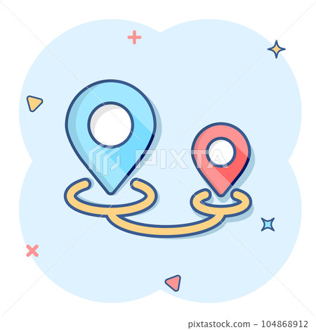Map pin icon in comic style. GPS navigation cartoon vector illustration on white isolated background. Locate position splash effect business concept. 104868912