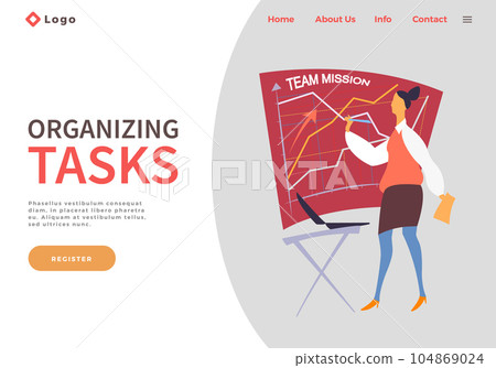 Businesswoman standing near board with graphics and drawing, table with laptop, organizing tasks Businesswoman standing near board with graphics and drawing, table with laptop, organizing tasks 104869024
