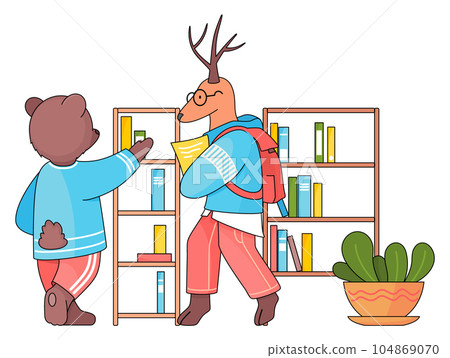 Cute cartoon animals students, beer take book from bookcase, deer walking with backpack, notes Cute cartoon animals students, beer take book from bookcase, deer walking with backpack, notes 104869070