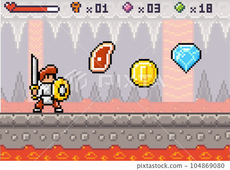 Knight wearing armor in underground cave with magma standing near meat, coin, diamond bonuses 104869080