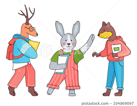 Back to school cartoon animals students, deer with backpack, rabbit with papers, otter with notebook Back to school cartoon animals students, deer with backpack, rabbit with papers, otter with notebook 104869097