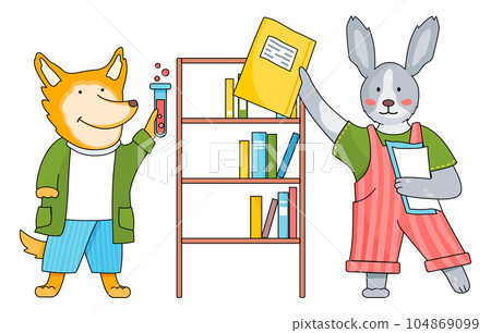 Cute fox hold test tube with liquid with bubbles, bunny with notebook, papers, teacher, pupil Cute fox hold test tube with liquid with bubbles, bunny with notebook, papers, teacher, pupil 104869099