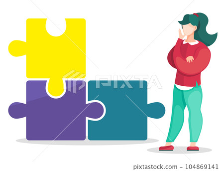 Woman standing and thinking about decision near big abstract puzzle, concept of business workflow Woman standing and thinking about decision near big abstract puzzle, concept of business workflow 104869141