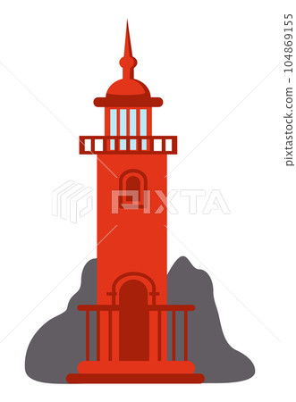 Red lighthouse icon isolated at white, navigation building for ships, cartoon vector lighthouse Red lighthouse icon isolated at white, navigation building for ships, cartoon vector lighthouse 104869155