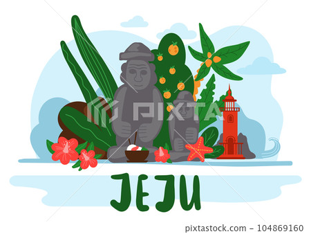 Banner with image of the main attractions of the korean island Jeju. Stone figures, lighthouse Banner with image of the main attractions of the korean island Jeju. Stone figures, lighthouse 104869160