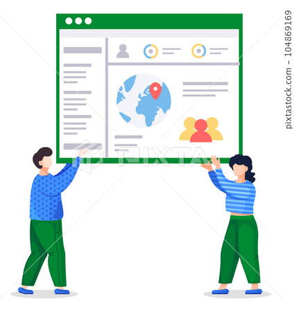 Two programmers create landing page for social website, isolated people holding website page Two programmers create landing page for social website, isolated people holding website page 104869169