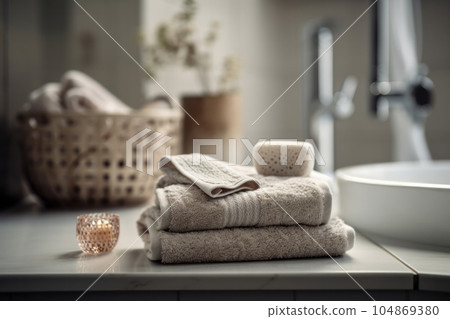 Minimalist bathroom decor featuring candles and towels on a wooden table, perfect for a relaxing spa day at home. AI Generative. 104869380