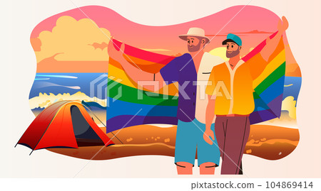 guys with lgbt rainbow flag at beach camping gay lesbian love parade pride festival transgender love concept 104869414