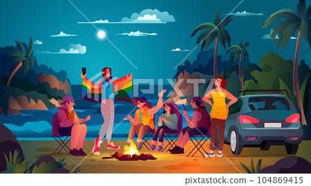 people with lgbt rainbow flag at beach t night party around campfire gay lesbian love parade pride festival transgender love concept 104869415