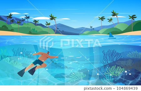tourist man swimming in sea or ocean and watching marine fauna with fish and coral reef underwater recreational 104869439