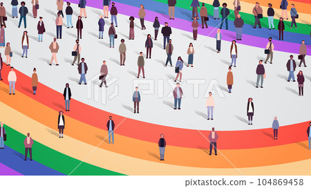 mix race people crowd standing together on lgbt rainbow flag gay lesbian love parade pride festival transgender love concept 104869458