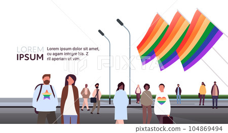 mix race people with lgbt rainbow flags gay lesbian love parade pride festival transgender love concept 104869494