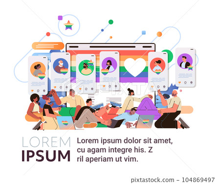 people with lgbt rainbow flags chatting in social media networks gay lesbian parade pride festival transgender love concept 104869497