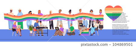 mix race people with lgbt rainbow flags gay lesbian love parade pride festival transgender love concept horizontal 104869501