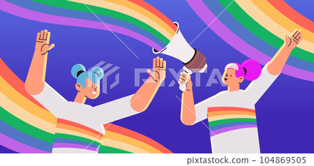 women with lgbt rainbow flags shouting in megaphone gay lesbian love parade pride festival transgender love 104869505