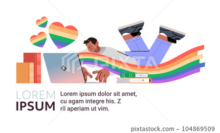 man with lgbt rainbow flags using laptop gay lesbian love parade pride festival transgender love concept 104869509