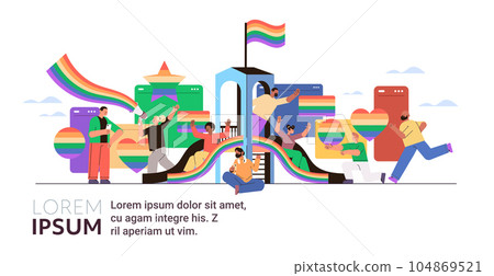 people with lgbt rainbow flags chatting in social media networks gay lesbian parade pride festival transgender love concept 104869521