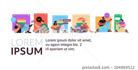 people with lgbt rainbow flags chatting in social media networks gay lesbian parade pride festival transgender love concept 104869522