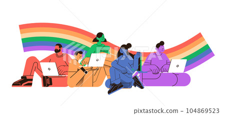 colorful people with lgbt rainbow flag using laptops gay lesbian love parade pride festival transgender love concept 104869523
