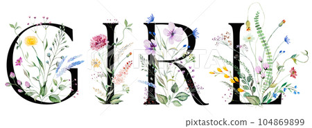 Word GIRL made with black letters, watercolor wildflowers and leaves, isolated element Word GIRL made with black letters, watercolor wildflowers and leaves, isolated element 104869899