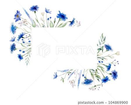 Watercolor blue cornflowers and wildflowers frame, summer wedding isolated illustration Watercolor blue cornflowers and wildflowers frame, summer wedding isolated illustration 104869900