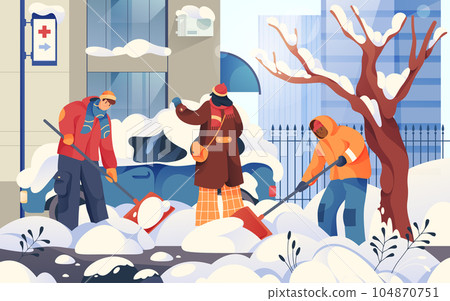 Vector illustration of people cleaning snow. Flat 104870751