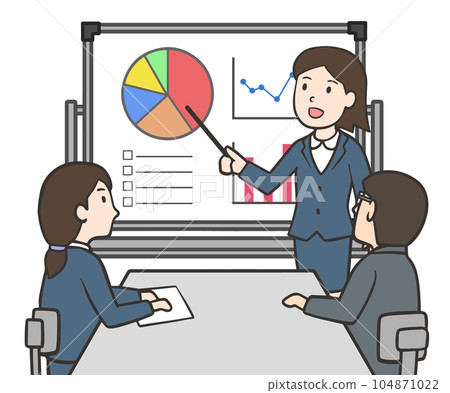 Office workers having a meeting using a whiteboard, men and women wearing suits Office workers having a meeting using a whiteboard, men and women wearing suits 104871022