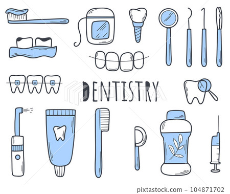 Hand drawn set of stomatology and oral hygiene 104871702