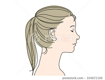 Illustration of a woman with her eyes closed facing right, profile close-up, upper body bust up, face up 104872188