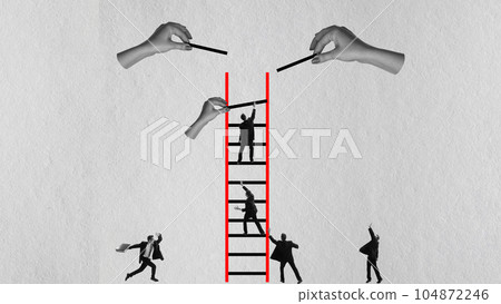 Contemporary art collage. Professional challenges. Ambitious employe. man climbing upwards stairs, reaching success Contemporary art collage. Professional challenges. Ambitious employe. man climbing upwards stairs, reaching success 104872246