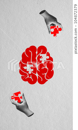 Contemporary art collage. Human hands putting puzzles inside brain symbolizing news skills, knowledges, information Contemporary art collage. Human hands putting puzzles inside brain symbolizing news skills, knowledges, information 104872379