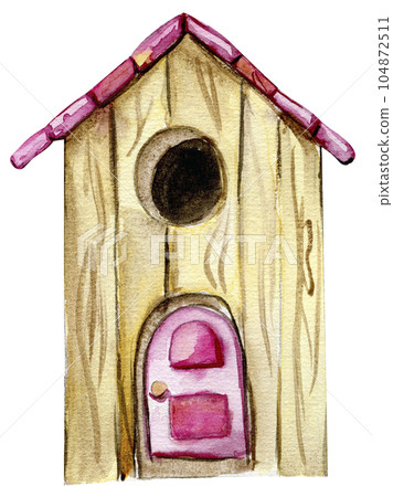 An old wooden house . An old rusty enamel element. Hand drawn watercolor illustration. Perfect for wedding invitation, greetings card, posters. An old wooden house . An old rusty enamel element. Hand drawn watercolor illustration. Perfect for wedding invitation, greetings card, posters. 104872511
