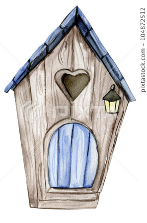 An old wooden house . An old rusty enamel element. Hand drawn watercolor illustration. Perfect for wedding invitation, greetings card, posters. 104872512