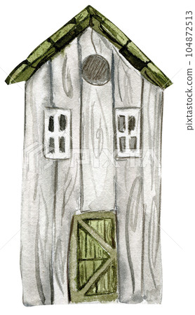 An old wooden house . An old rusty enamel element. Hand drawn watercolor illustration. Perfect for wedding invitation, greetings card, posters. An old wooden house . An old rusty enamel element. Hand drawn watercolor illustration. Perfect for wedding invitation, greetings card, posters. 104872513
