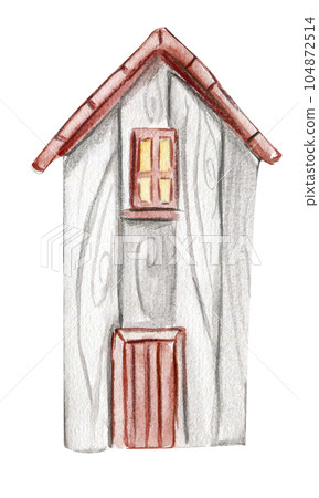 An old wooden house . An old rusty enamel element. Hand drawn watercolor illustration. Perfect for wedding invitation, greetings card, posters. 104872514