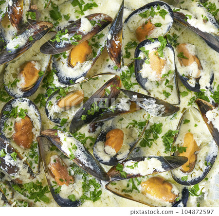 Cream soup with mussels . Seafood background photo. Cream soup with mussels . Seafood background photo. 104872597