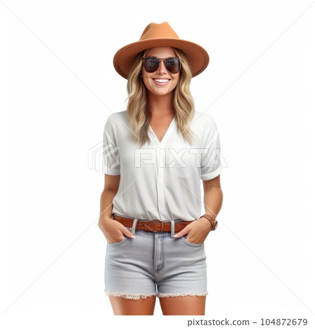 Beautiful girl with sunglasses and summer hat smiling isolated. Illustration AI Generative 104872679