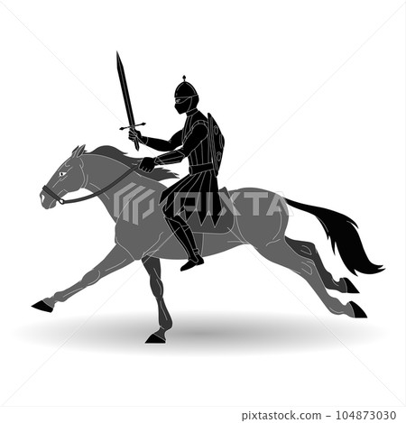 Riding Knight with sword on horse back Riding Knight with sword on horse back 104873030