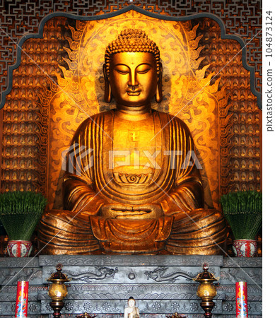 golden buddha statue in chinese temple for banners, posters, information graphics, prints layout covering books, magazine pages, advertising materials, advertisement marketing, social media headers 104873124