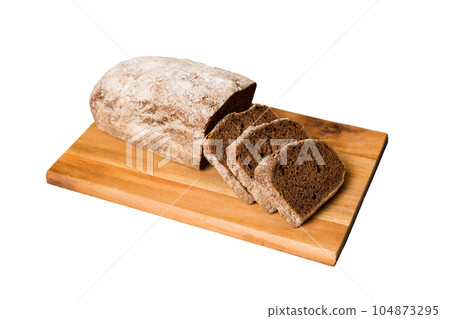 Assortment of freshly sliced baked bread with napkin isolated on white background. Healthy unleavened bread. French bread slice Assortment of freshly sliced baked bread with napkin isolated on white background. Healthy unleavened bread. French bread slice 104873295