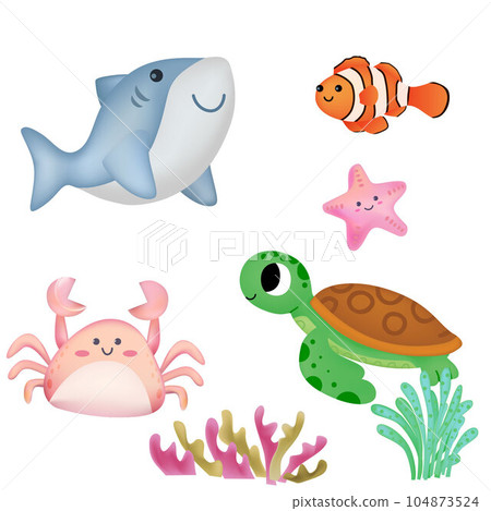 cute aqua set, dolphin, turtle, clown fish, crab and star fish 104873524