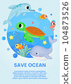 poster a4 save ocean with cute fish, cute turtle, cute dolphin 104873526