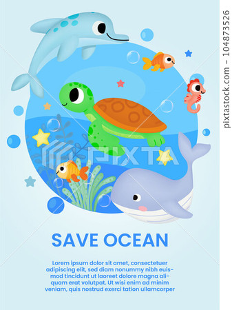 poster a4 save ocean with cute fish, cute turtle, cute dolphin 104873526
