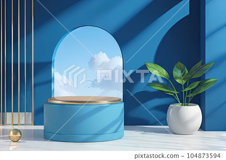 藍色講台,配有房屋模型和禮品盒 3D 抽象背景天空背景基座產品展示 藍色講台,配有房屋模型和禮品盒 3D 抽象背景天空背景基座產品展示 104873594