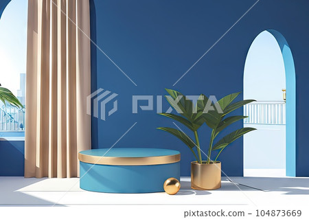 Blue podium, house model and gift boxes 3d abstract background sky background pedestal product display 104873669